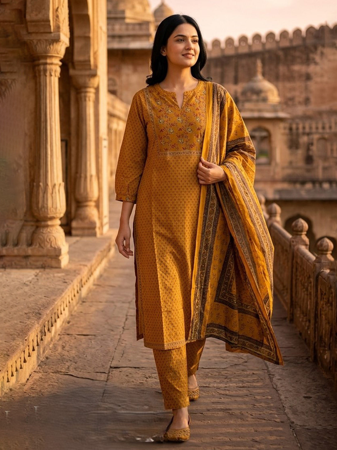 Yellow Embroidered Cotton Blend Straight Suit Set With Dupatta