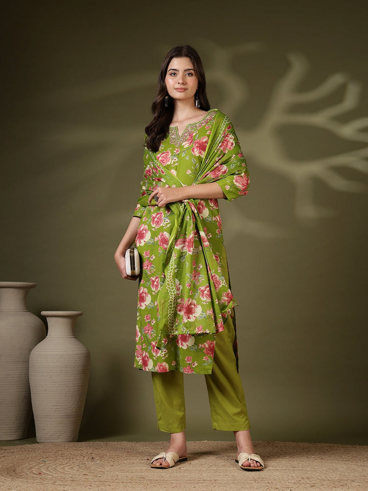 Printed Cotton Blend Kurta With Pant &amp; Dupatta