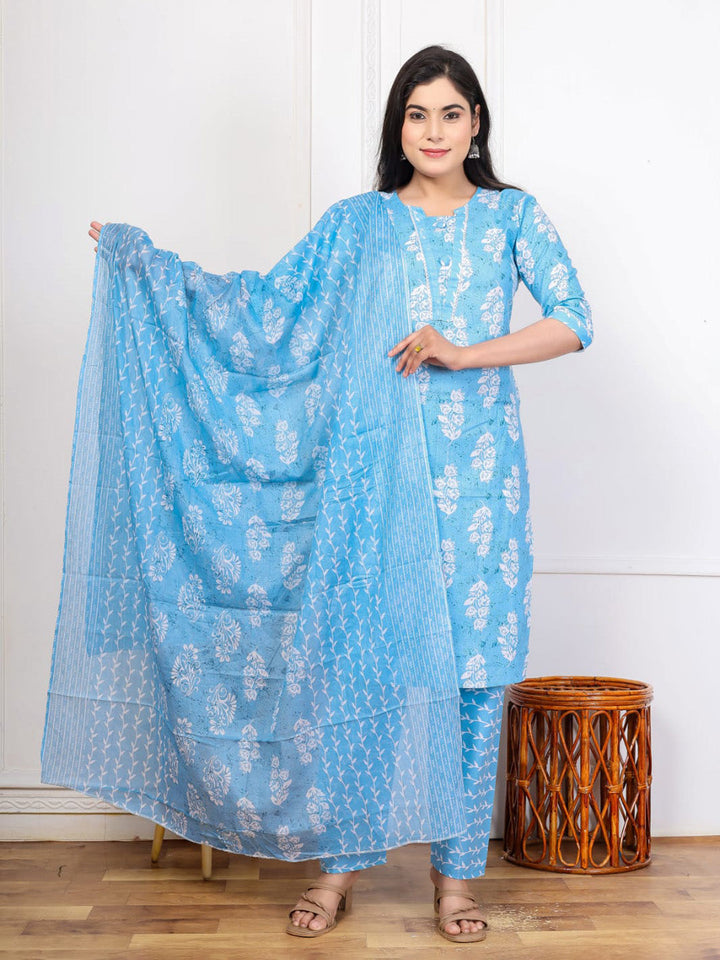 Embroidered Cotton Blend Kurta With Pant &amp; Dupatta