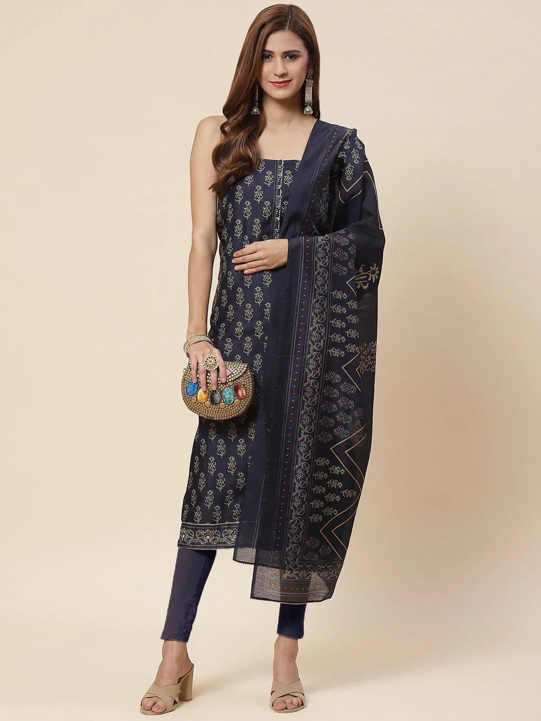 Indigo Printed Chanderi Unstitched Suit Piece With Dupatta
