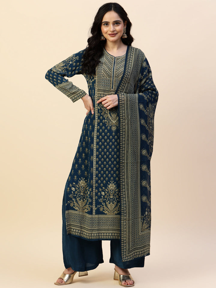 Digital Printed Crepe Kurta With Palazzo &amp; Dupatta