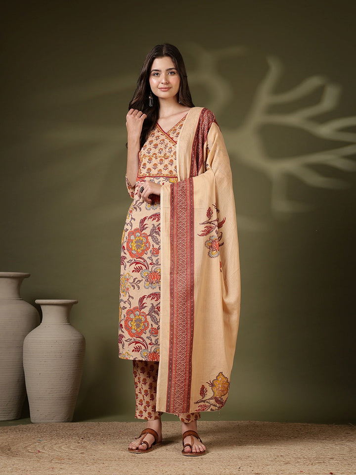 Printed Cotton Blend Kurta With Pant &amp; Dupatta