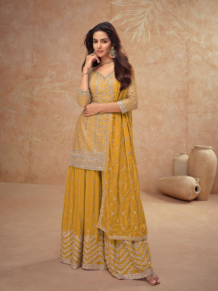 Embroidered Chinnon Kurta With Plazzo &amp; Dupatta