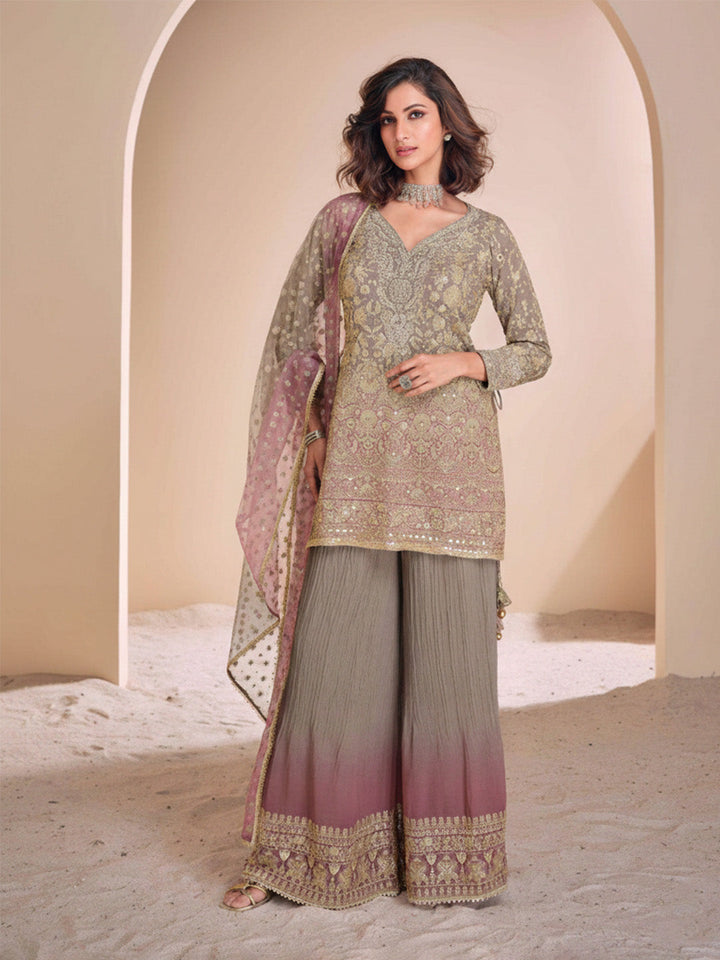 Embroidered Georgette Kurti With Plazzo &amp; Dupatta