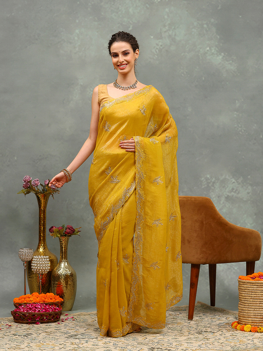 Thread Embroidered Chiffon Saree