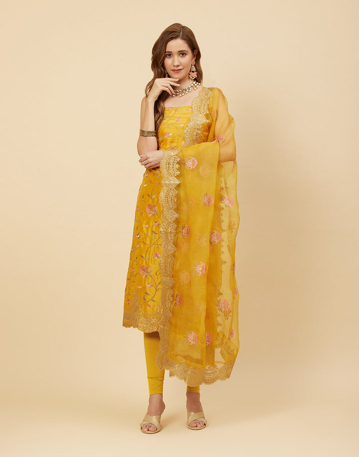 Embroidered Art Handloom Dupion Suit Piece With Organza Dupatta