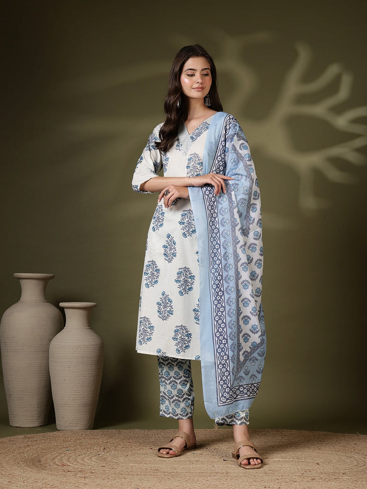 Printed Cotton Blend Kurta With Pant &amp; Dupatta