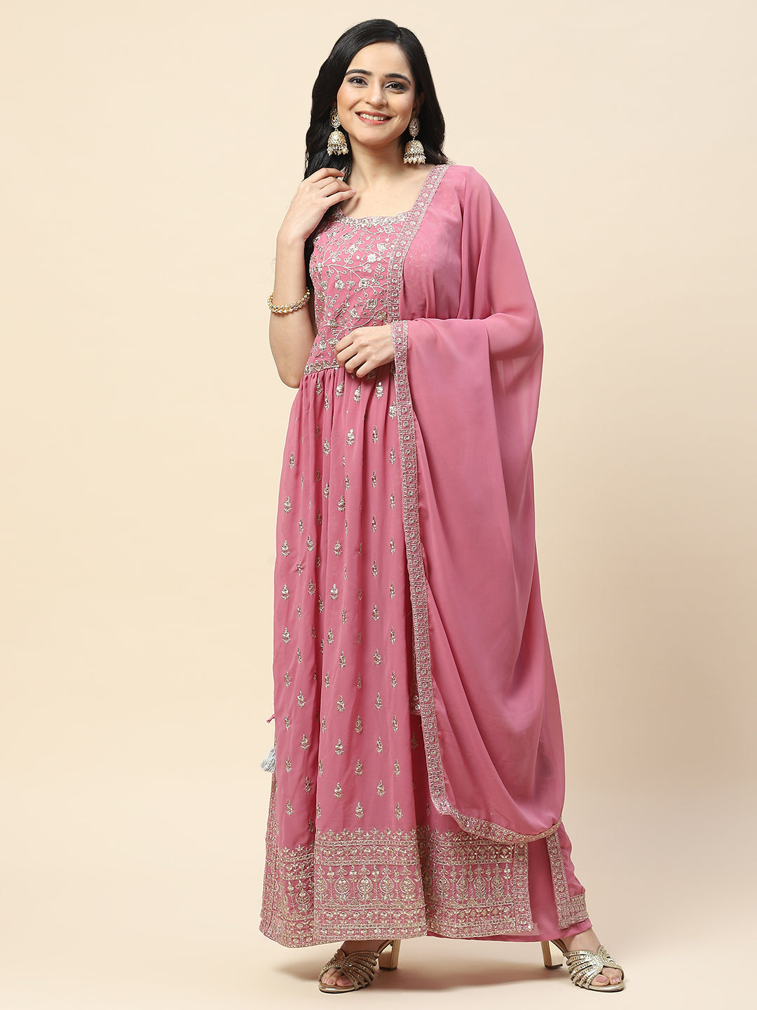 Zari Booti Embroidered Georgette Kurta With Palazzo &amp; Dupatta