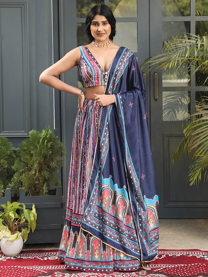 Digital Print Satin Unstitched Lehenga Choli With Dupatta
