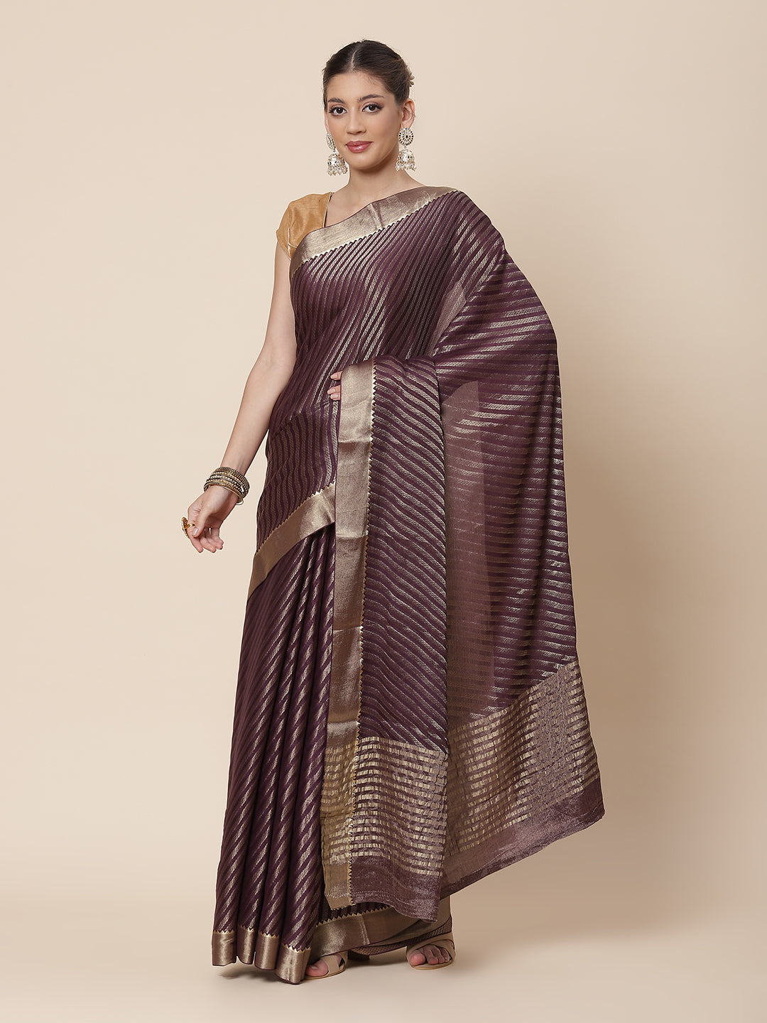 Striped Brocade Georgette Plain Saree