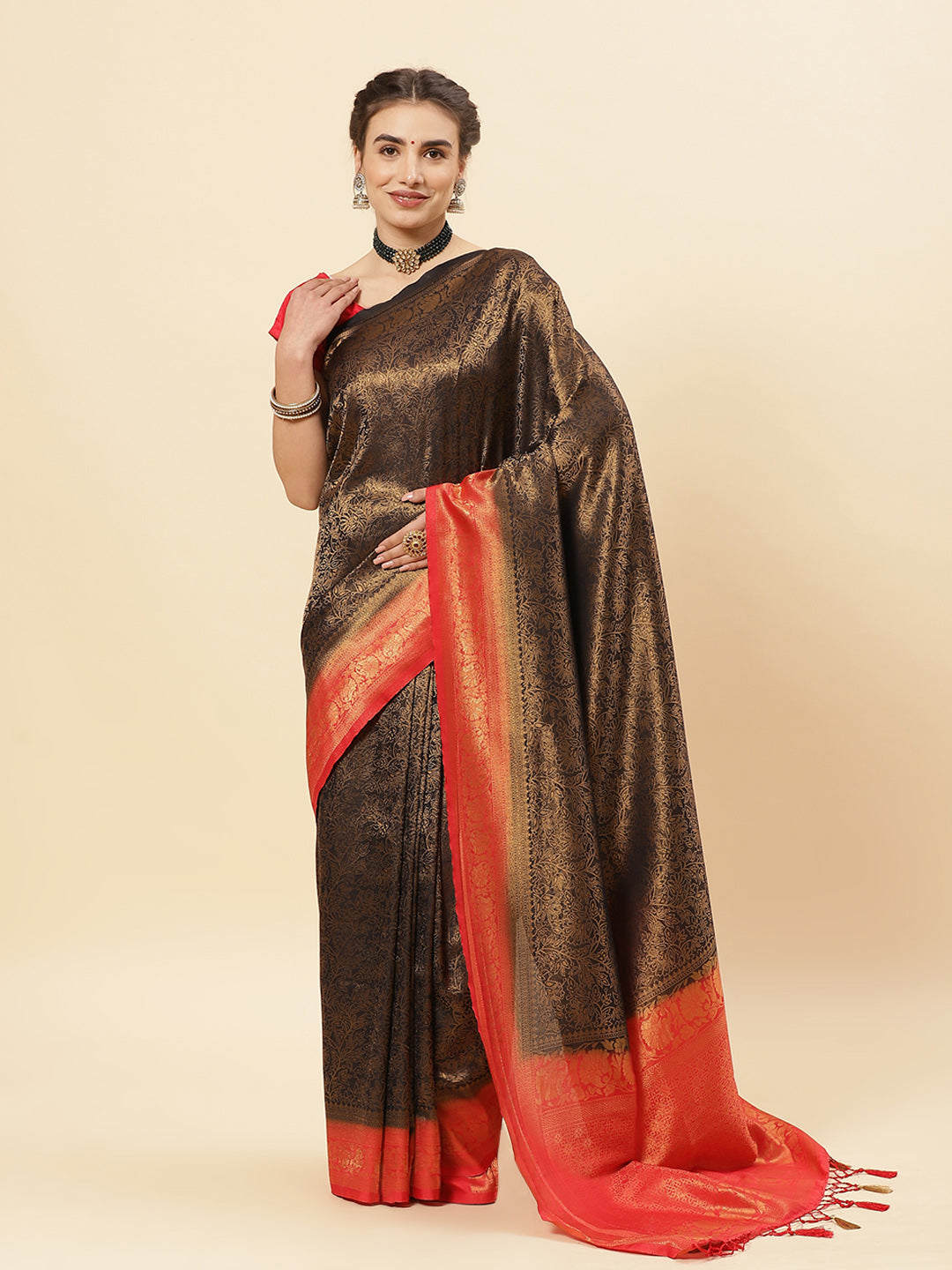 Brocade Zari Jaal Art Handloom Saree With Contrast Border
