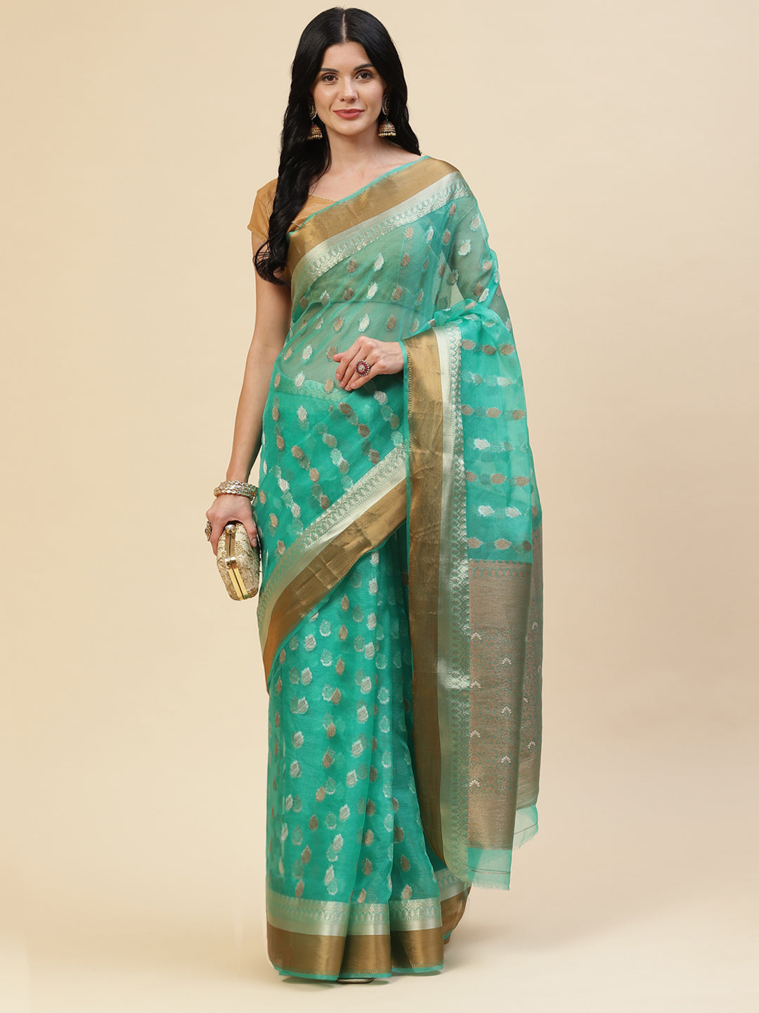 Antique Booti Organza Plain Saree