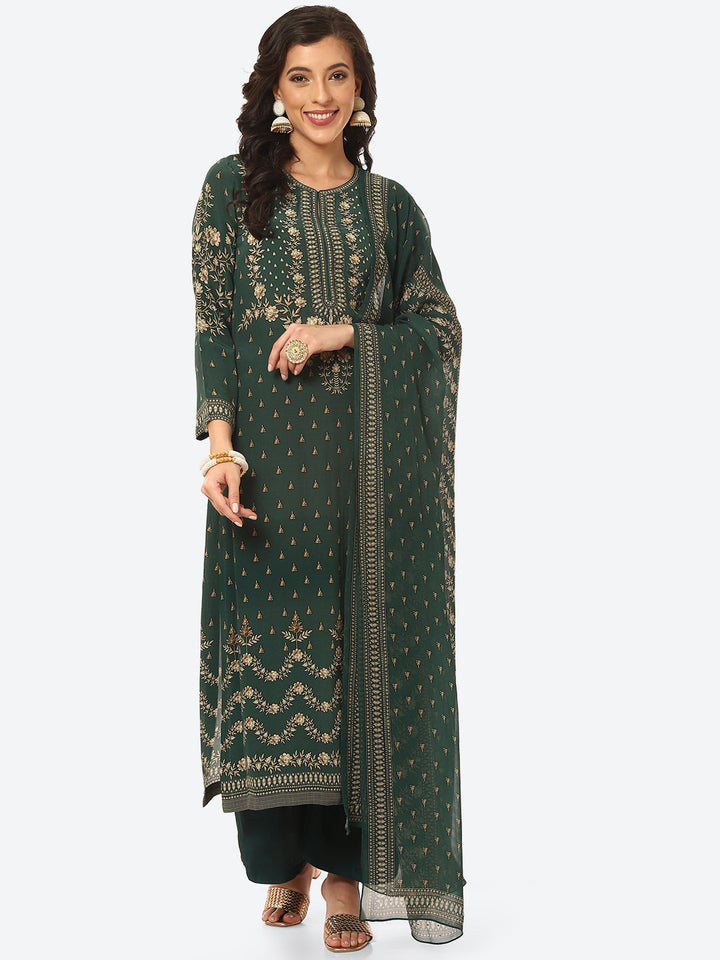 Floral Digital Printed Crepe Kurta With Palazzo &amp; Georgette Dupatta