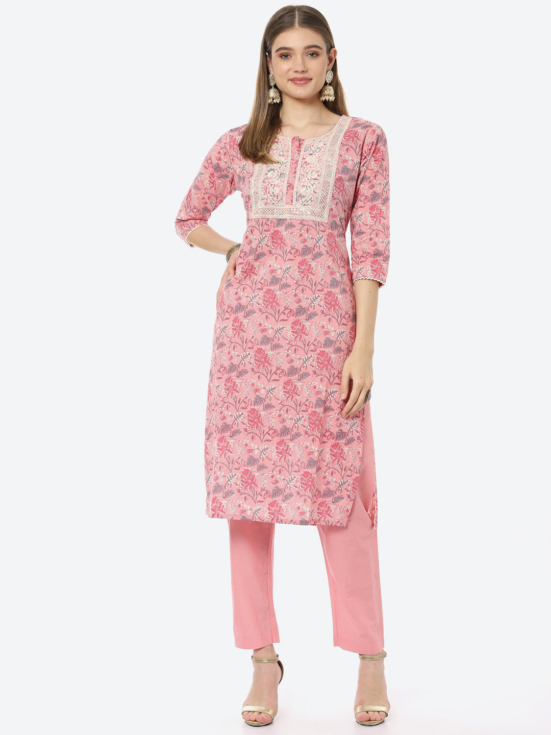 Resham Neck Embroidered Printed Chanderi Kurta With Pant