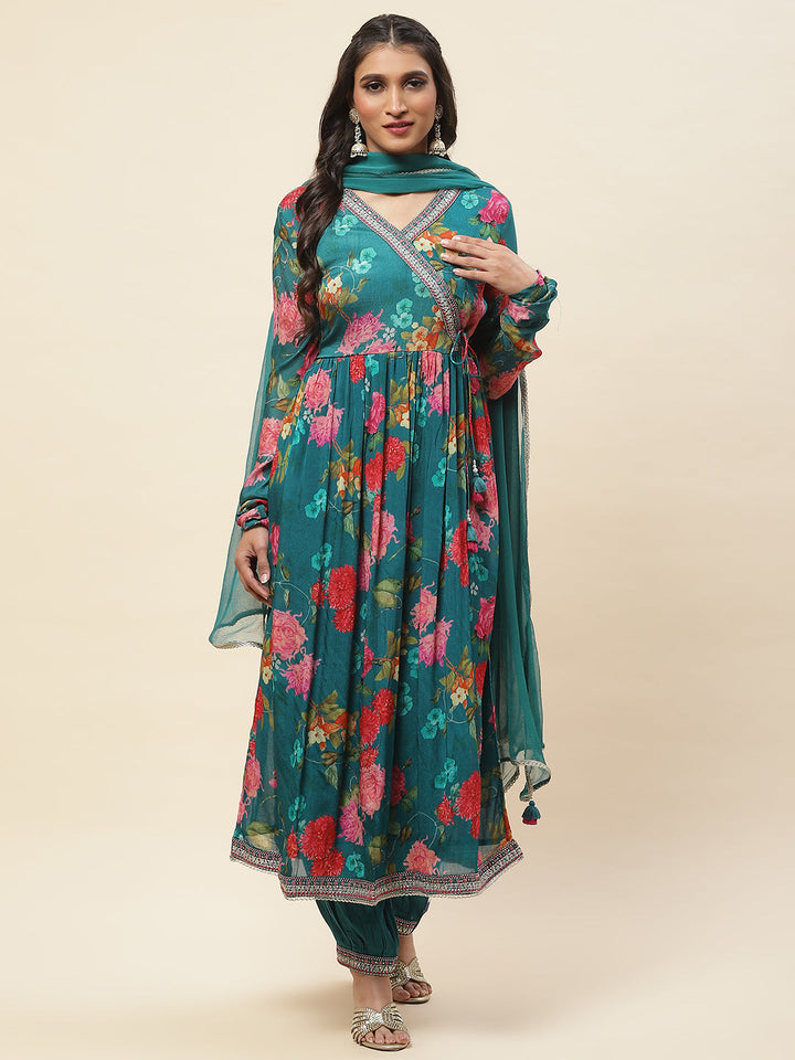 Floral Printed Chiffon Kurta With Pants &amp; Dupatta