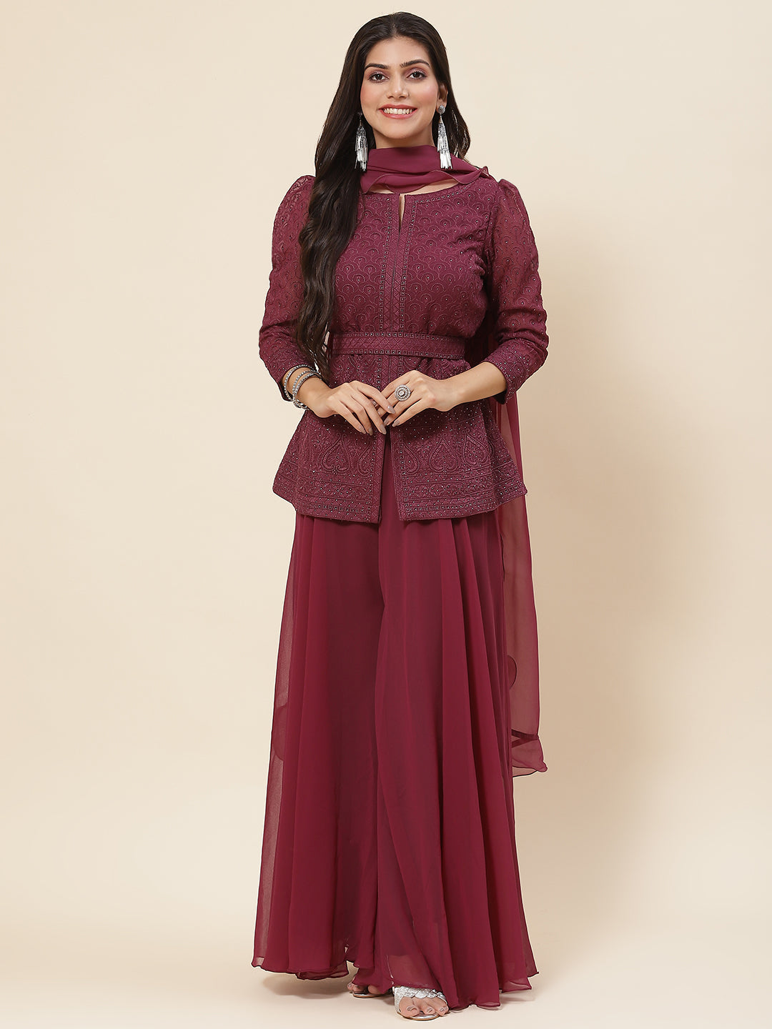 Resham Embroidered Georgette Kurti With Palazzo &amp; Dupatta