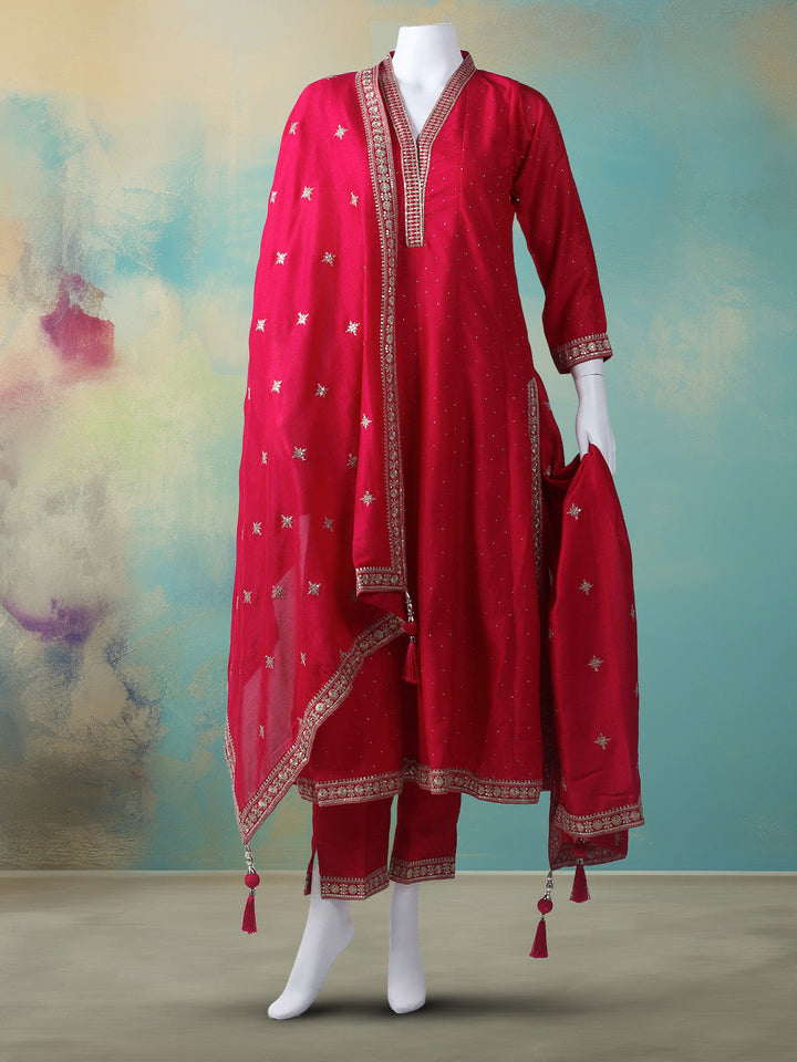 Embelished Art Silk Stitched Kurta With Pant &amp; Dupatta