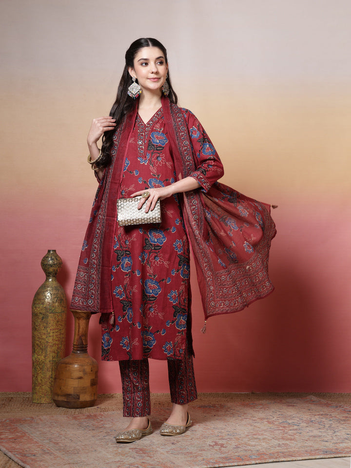 Embroidered Cotton Kurta With Pant &amp; Dupatta