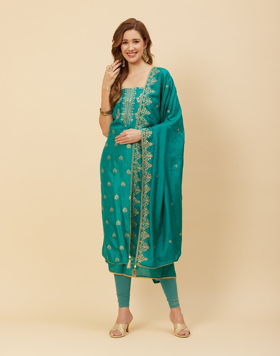 Embroidered Art Handloom Dupion Suit Piece With Chinone Embroidered Dupatta