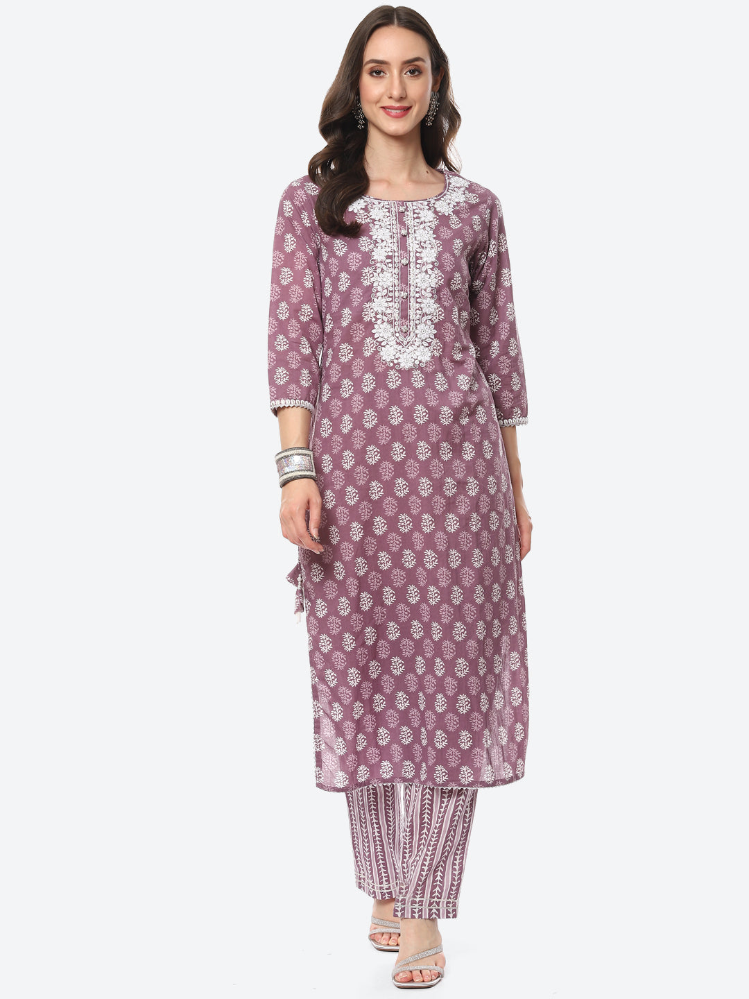 Zari Neck Embroidered Cotton Kurta With Pant