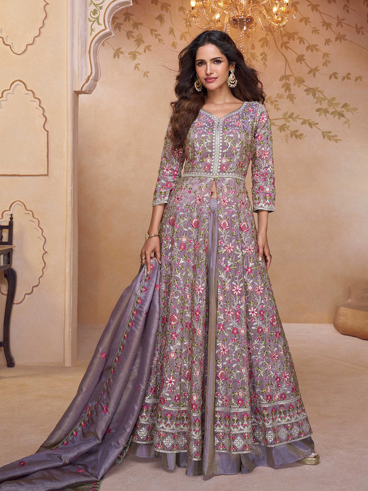 Embroidered Georgette Choli With Skirt &amp; Dupatta &amp; Jacket