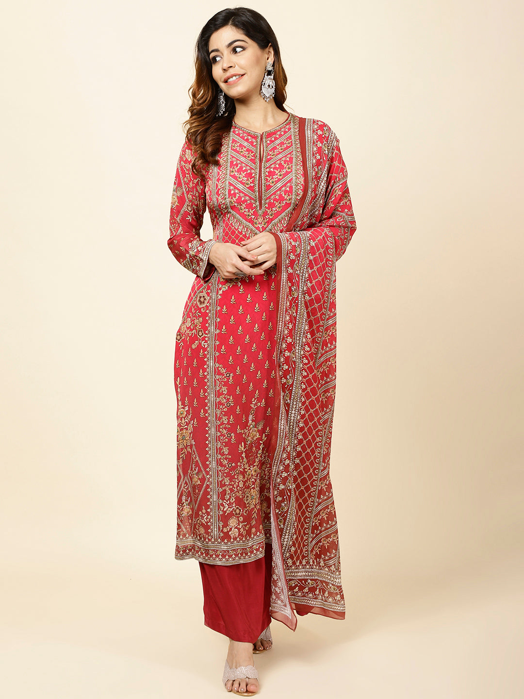 Floral Digital Print Crepe Kurta With Palazzo &amp; Dupatta