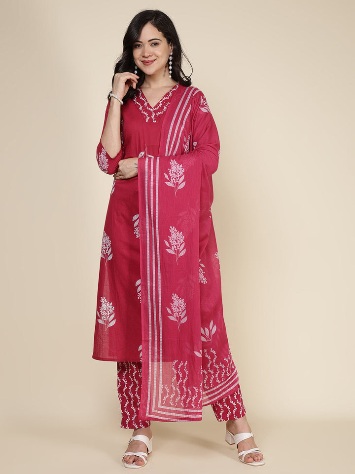 Printed Cotton Blend Kurta With Pants &amp; Dupatta