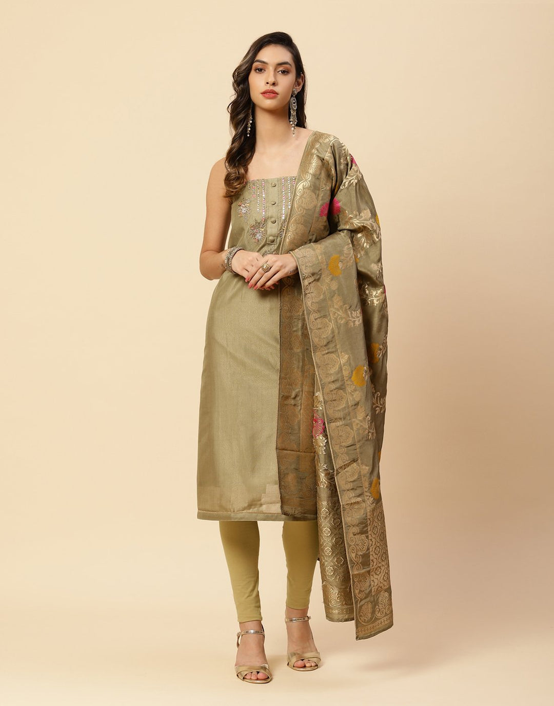 Embroidered Chanderi Suit Piece With Banarasi Dupatta