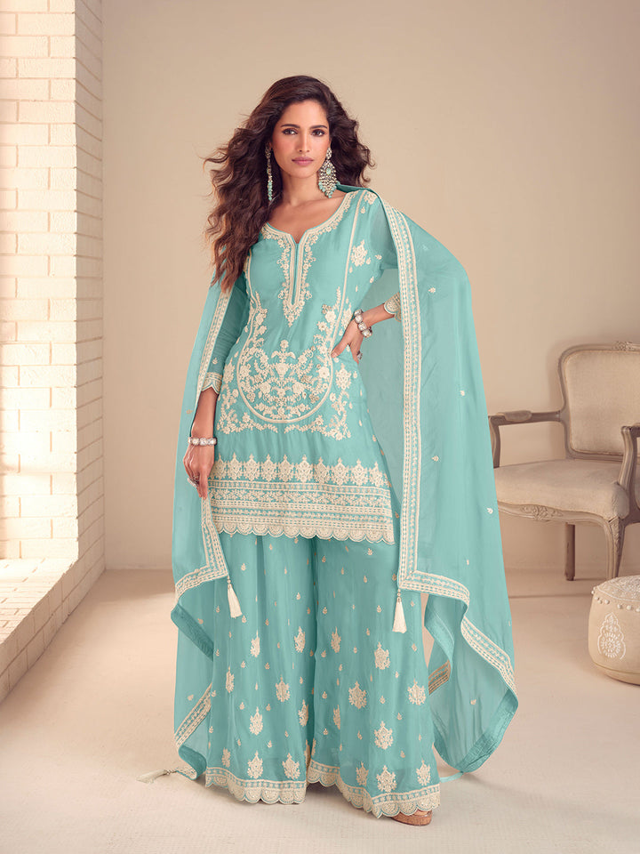 Embroidered Chinon Kurta With Plazzo &amp; Dupatta