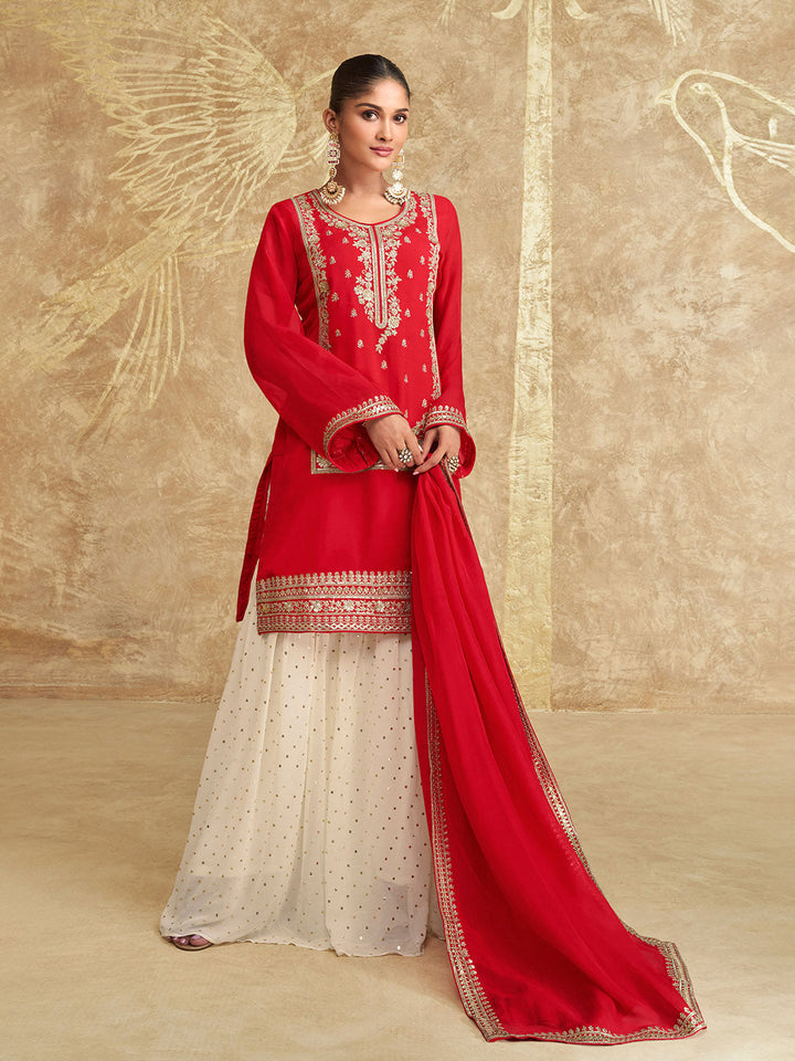 Embroidered Chinon Silk Kurta With Skirt &amp; Dupatta