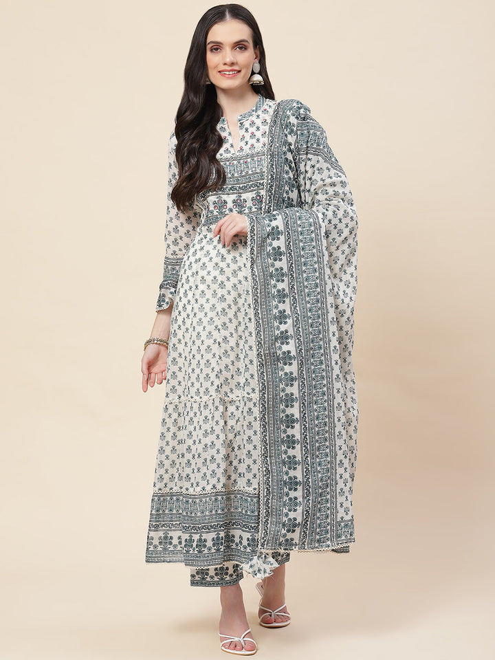 Floral Printed Cotton Kurta With Pants &amp; Dupatta