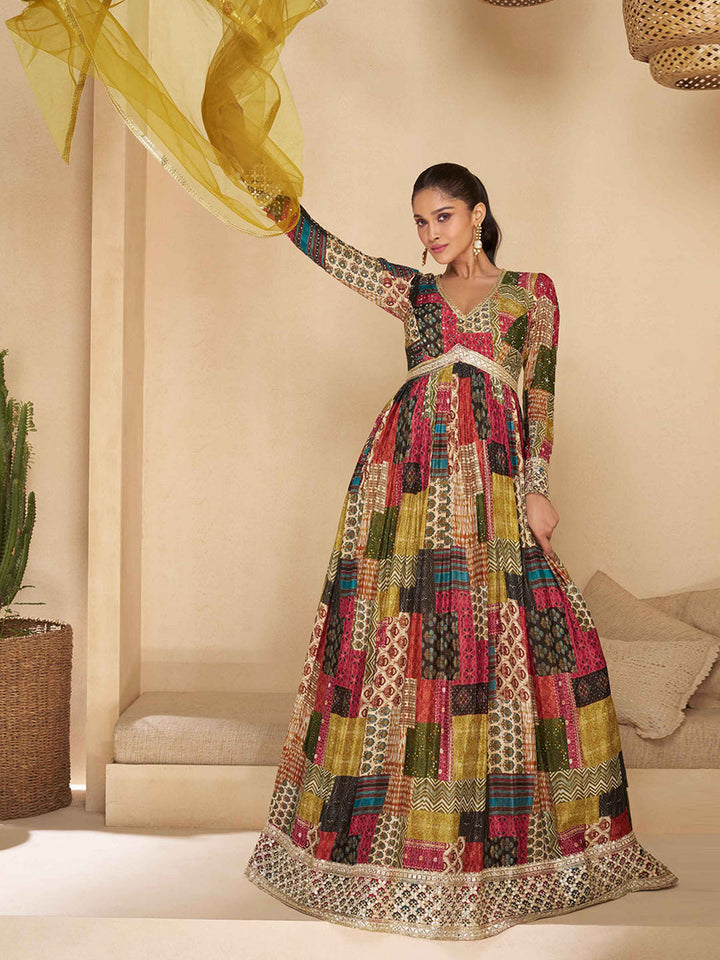 Georgette Embroidered With Printed A Line Dress