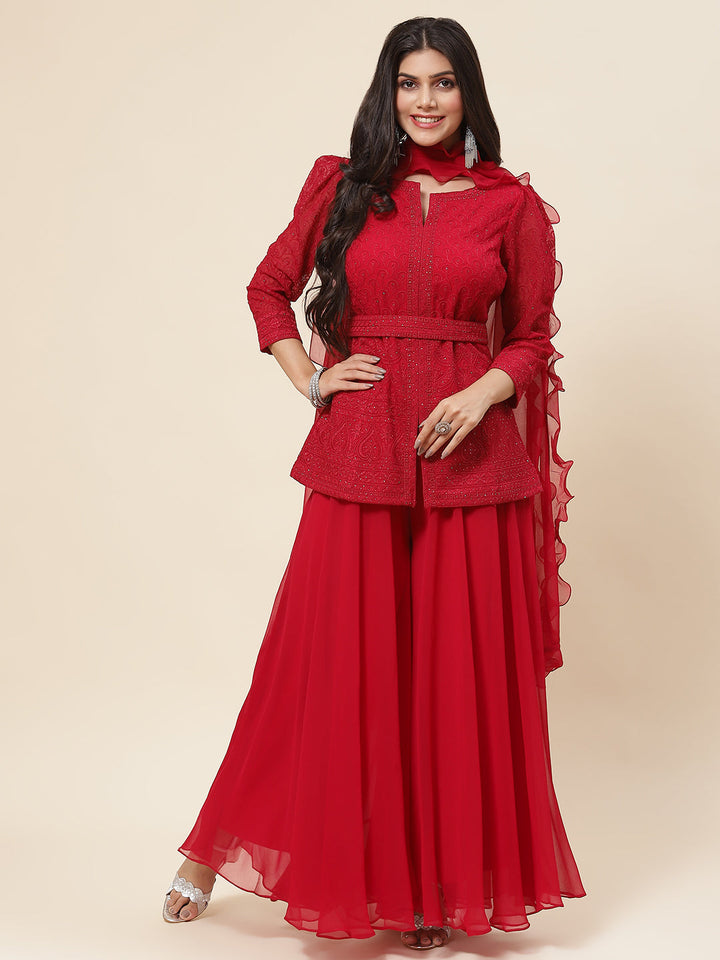 Resham Embroidered Georgette Kurti With Palazzo &amp; Dupatta