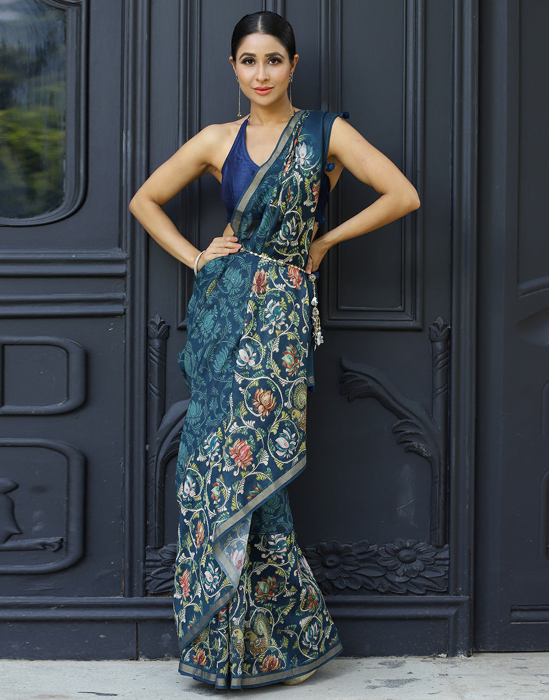 MBZ Meena Bazaar-Blue  Kalamkari Printed Cotton Mirror Work Saree