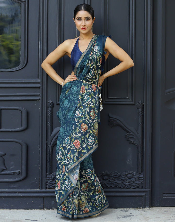 MBZ Meena Bazaar-Blue  Kalamkari Printed Cotton Mirror Work Saree