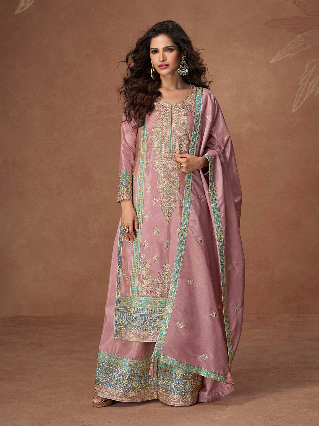 Embroidered Simar Silk Kurta With Plazzo &amp; Dupatta