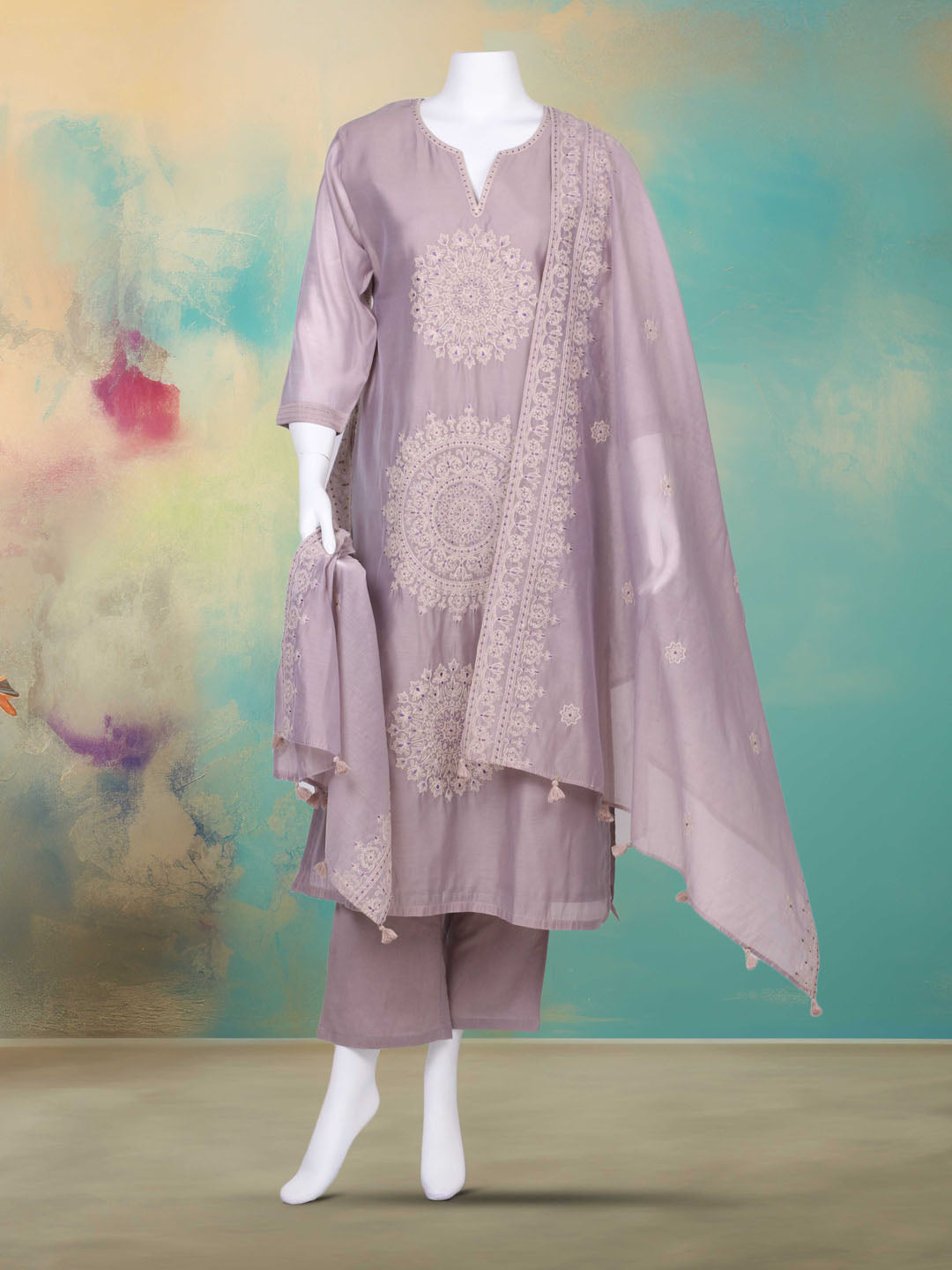 Embroidered Chanderi Kurta With Pants &amp; Dupatta