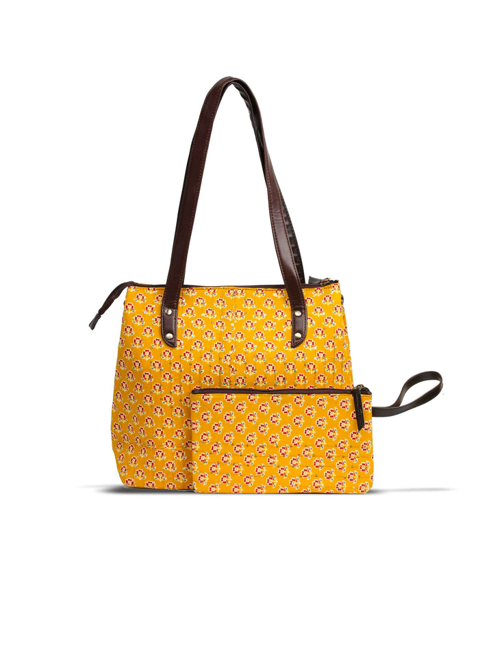 Mustard &amp; Maroon Printed Cotton Handbag With Pouch