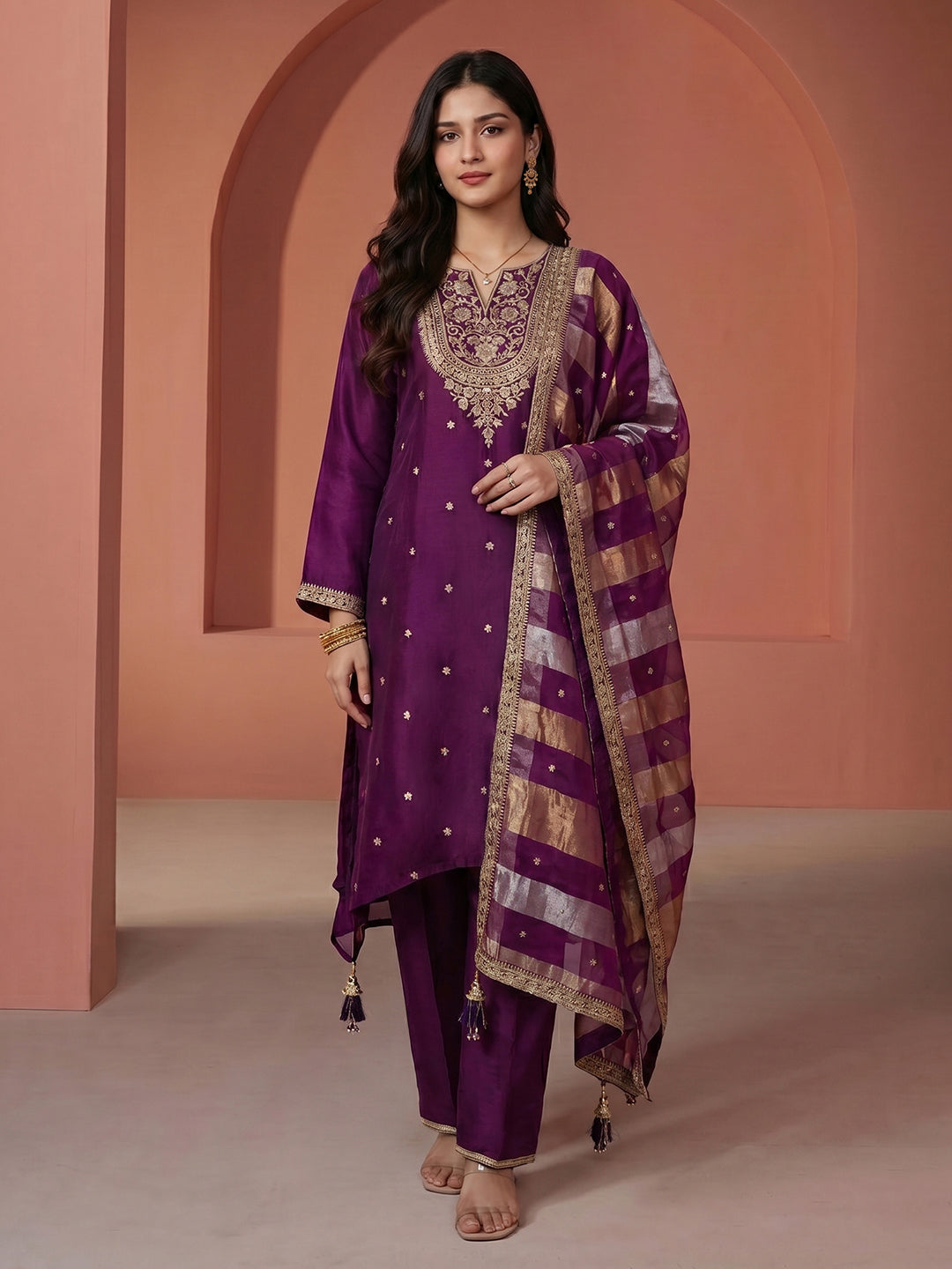 Embroidered Organza Suit Set With Dupatta