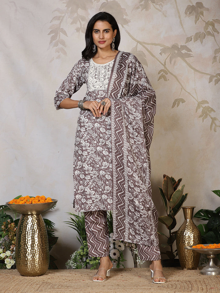 Printed Cotton Blend Kurta With Pants &amp; Dupatta