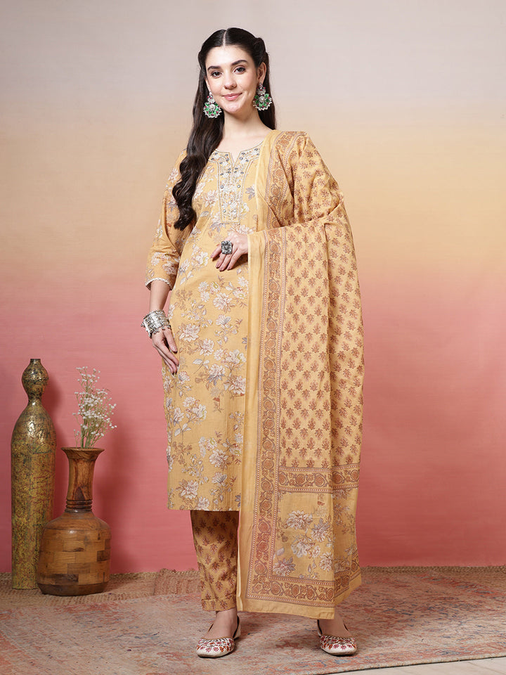 Embroidered Cotton Kurta With Pant &amp; Dupatta