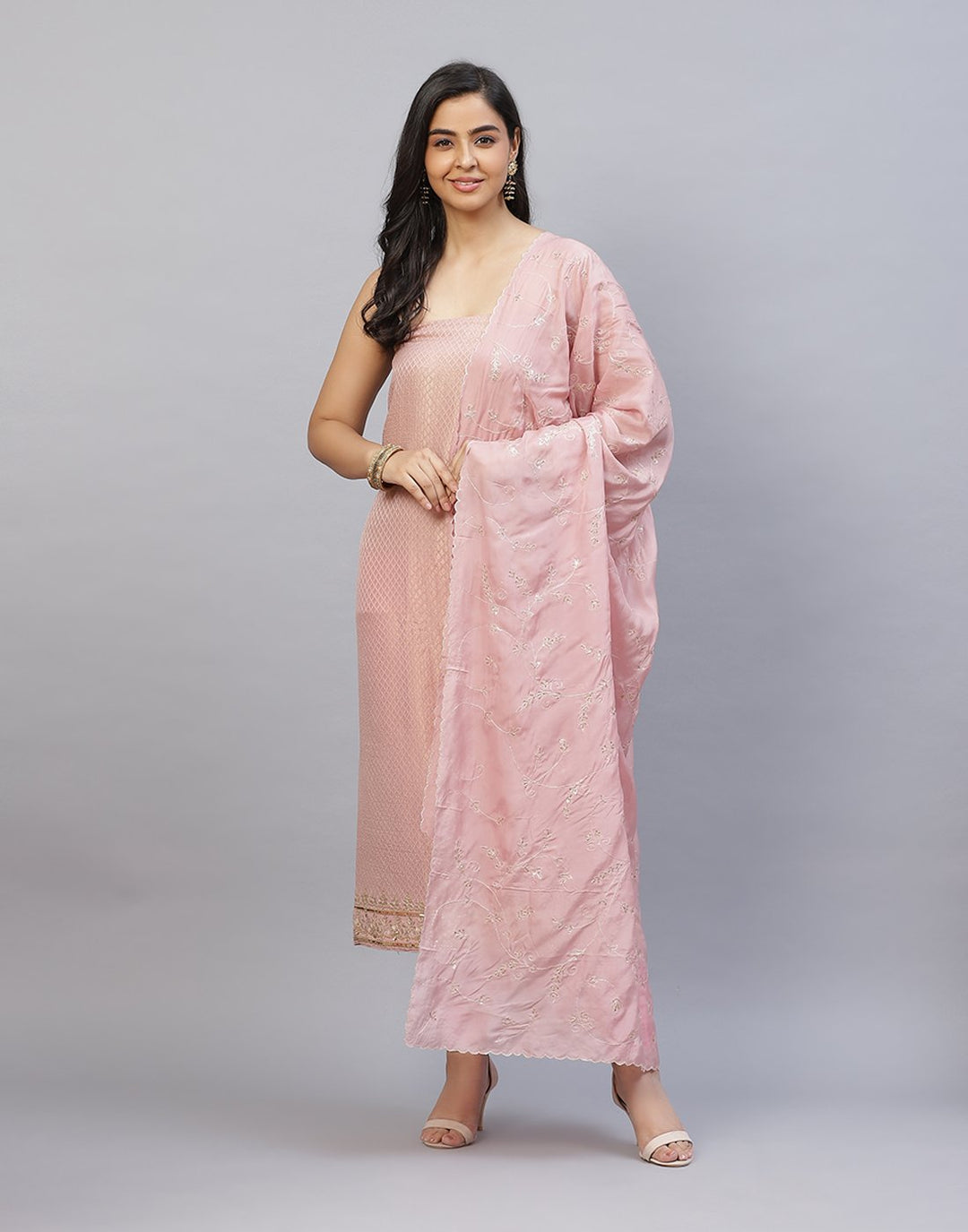 Printed Banarasi Suit Piece With Embroidered Organza Dupatta