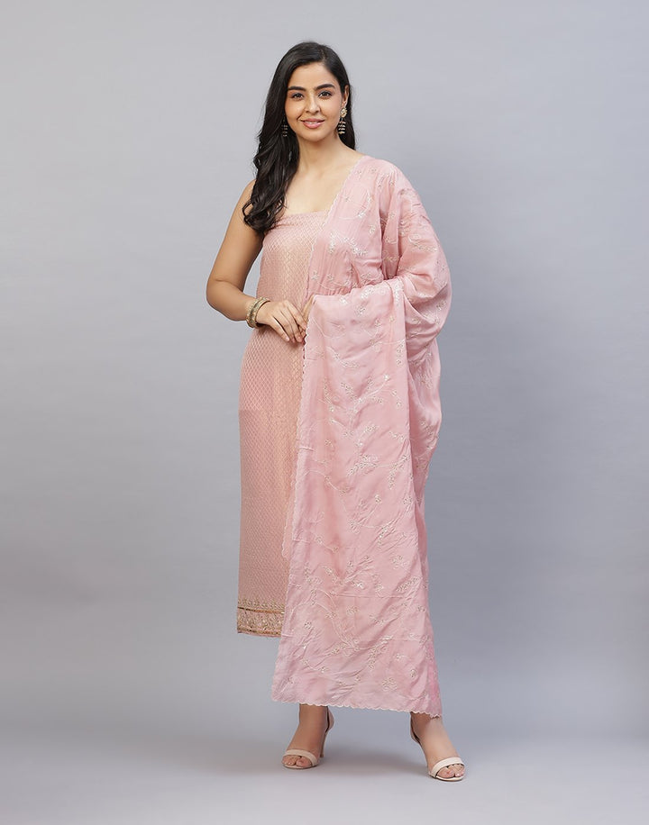 Printed Banarasi Suit Piece With Embroidered Organza Dupatta