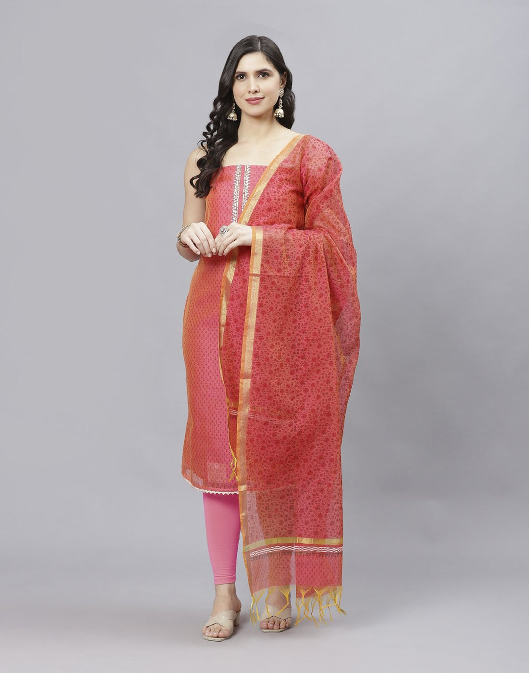 Printed Chanderi Suit Piece With Dupatta