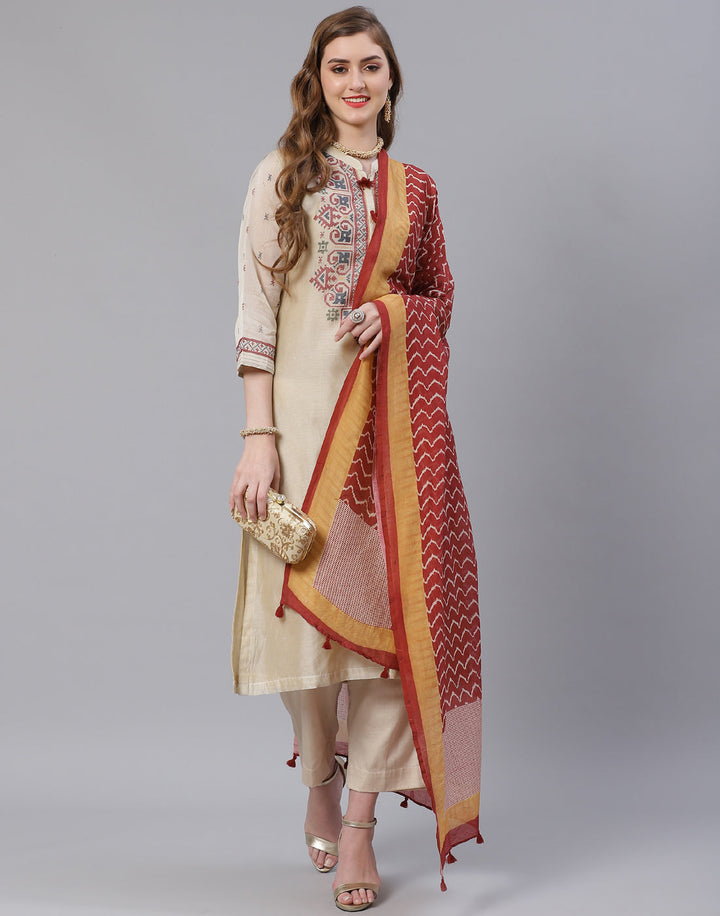 Embroidered Cotton Kurta With Pant &amp; Chanderi Dupatta
