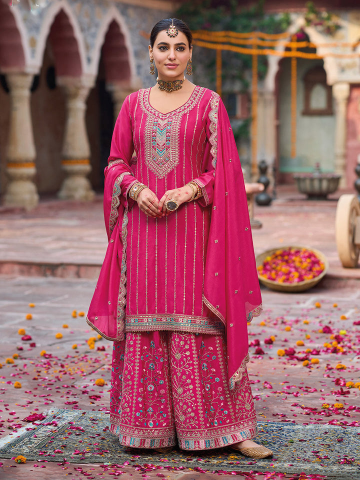 Embroidered Chinon Kurta With Plazzo &amp; Dupatta