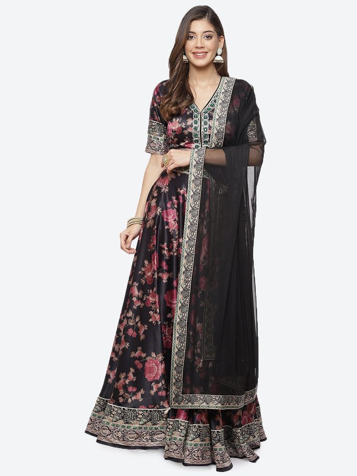 Floral Printed Satin Choli With Lehenga &amp; Net Dupatta