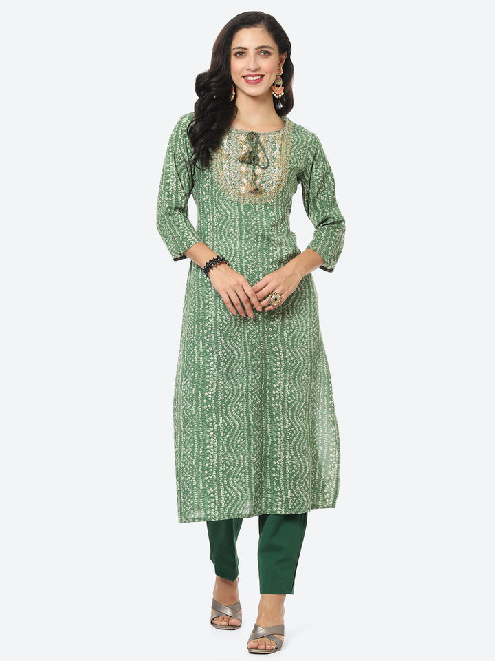 Yoke Embroided Bandhani Printed Cotton Kurti