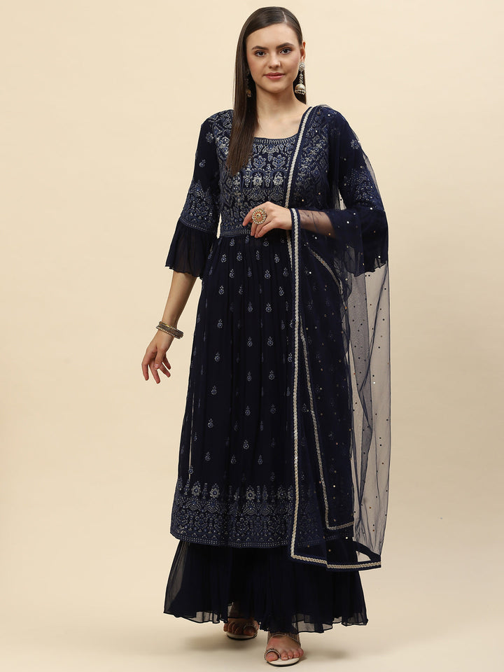 Resham Sequin Embroidered Georgette Kurta With Palazzo &amp; Dupatta