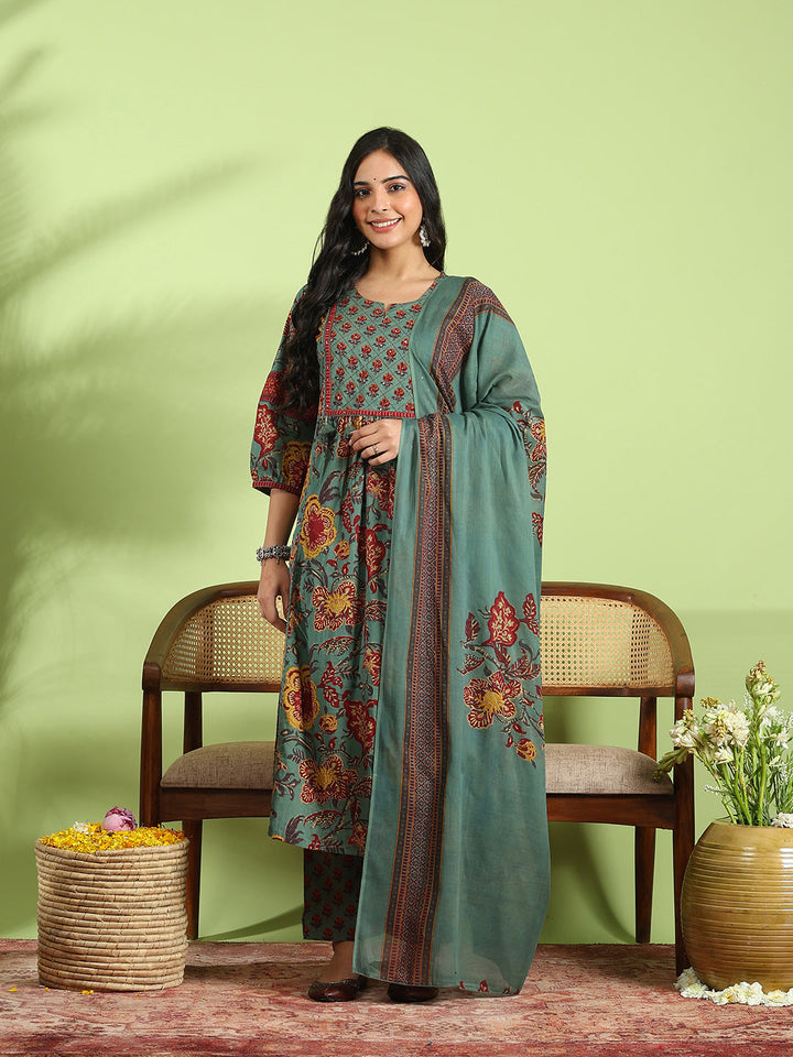 Printed Cotton Kurta With Pant &amp; Dupatta